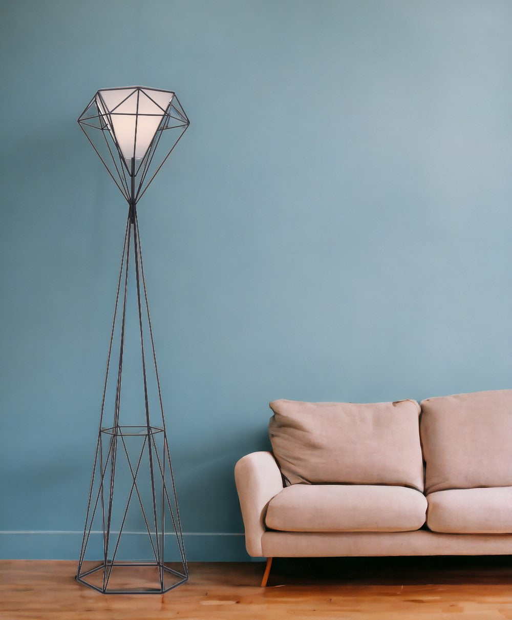 63" Black Geometric Floor Lamp With White Frosted Glass Hexagon Shade