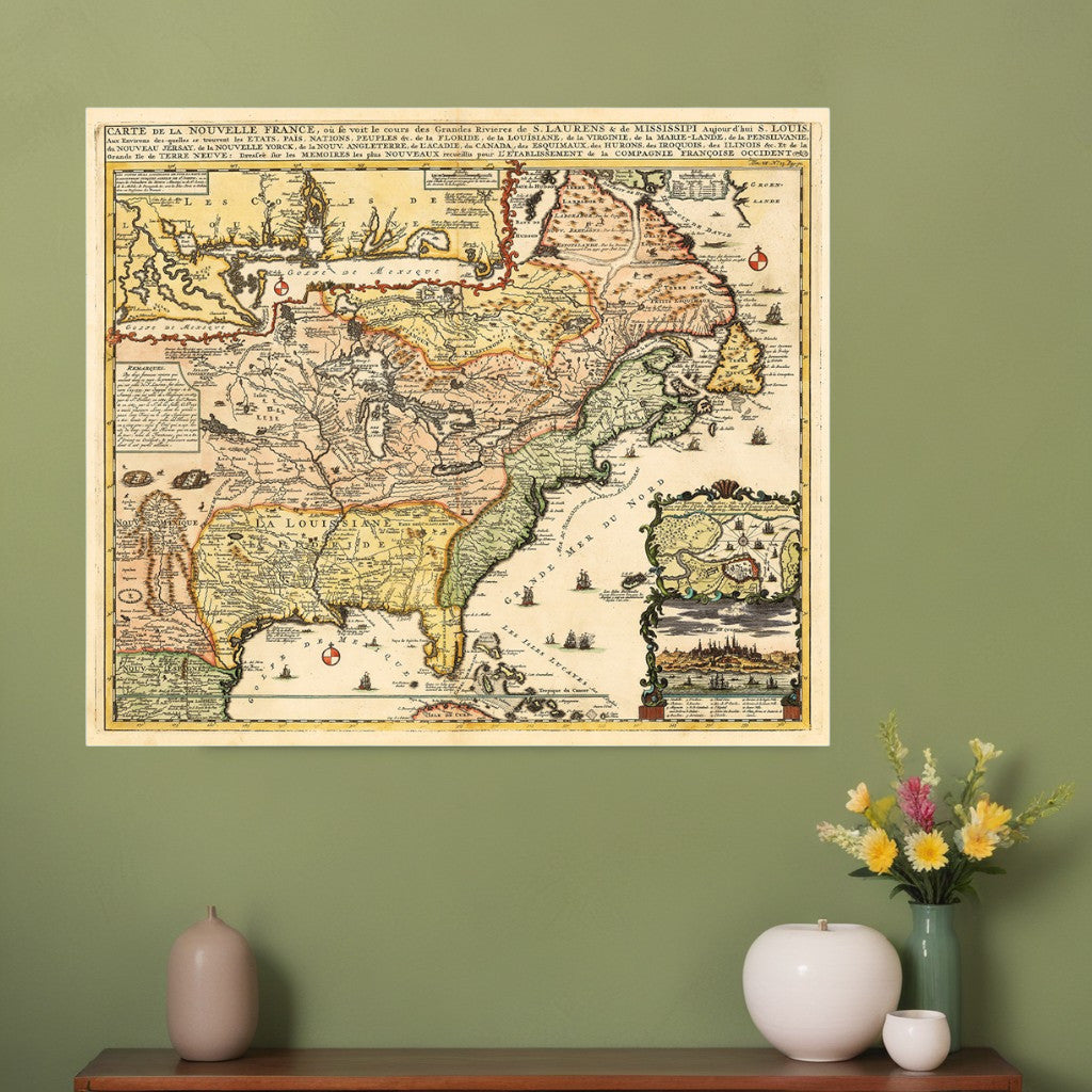 Vintage 1718 Map Of New France Unframed Print Wall Art