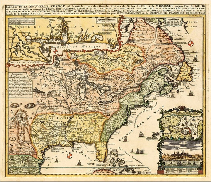 Vintage 1718 Map Of New France Unframed Print Wall Art