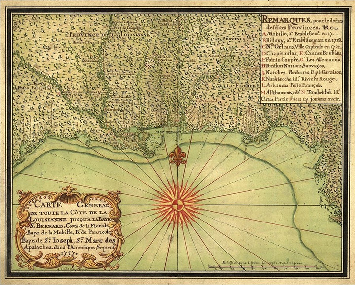 24" X 30" C1747 Map Of The Gulf Coast Vintage  Poster Wall Art