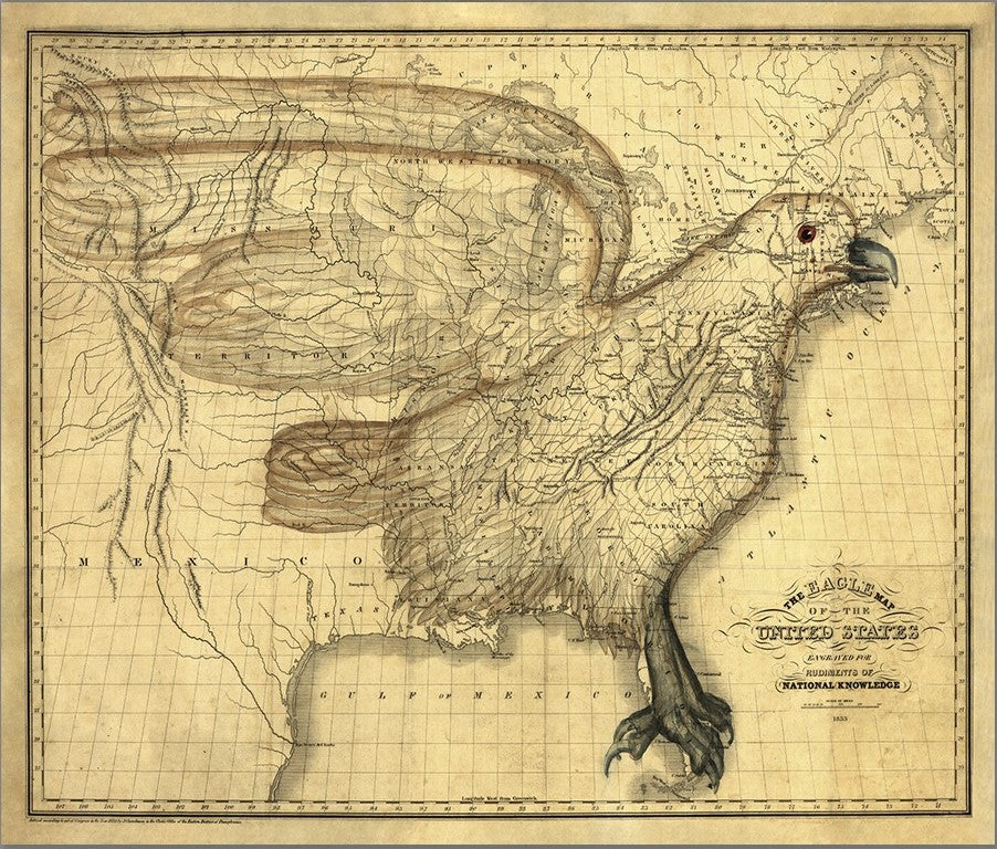 24" X 30" Eagle Map Of America C1833 Vintage  Poster Wall Art