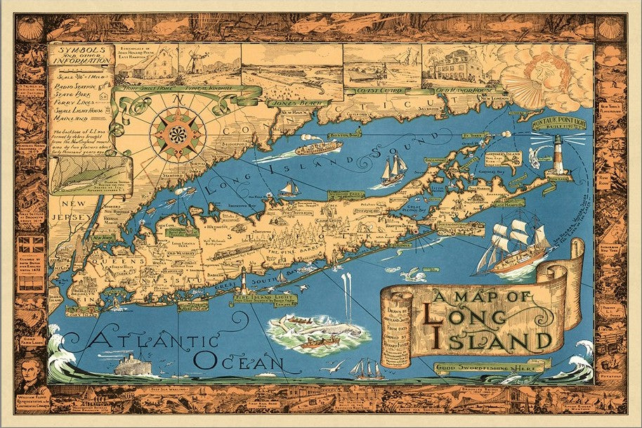 20" X 30" Vintage 1933 Map Of Long Island Wall Art