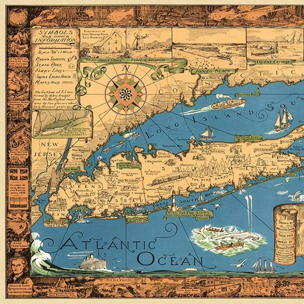 20" X 30" Vintage 1933 Map Of Long Island Wall Art