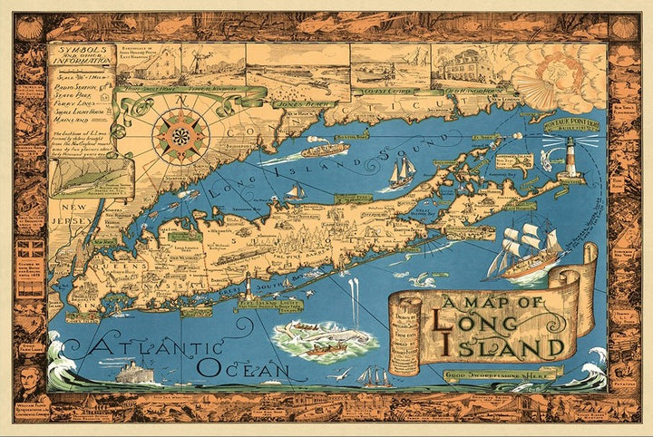 20" X 30" Vintage 1933 Map Of Long Island Wall Art