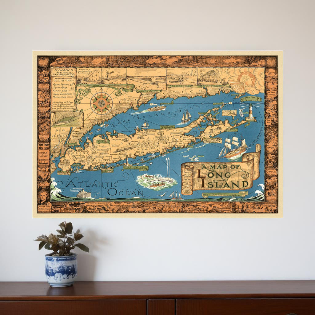 20" X 30" Vintage 1933 Map Of Long Island Wall Art