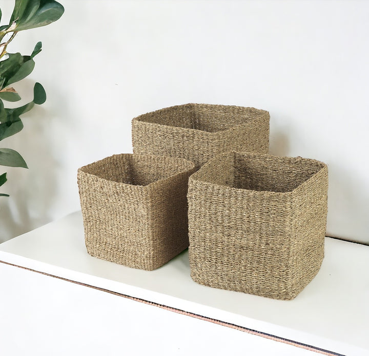 Set of Three 16" Brown Square Wicker Basket