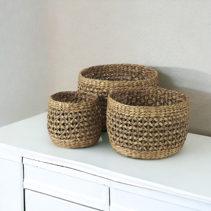 Set of Three 15" Brown Wicker Basket