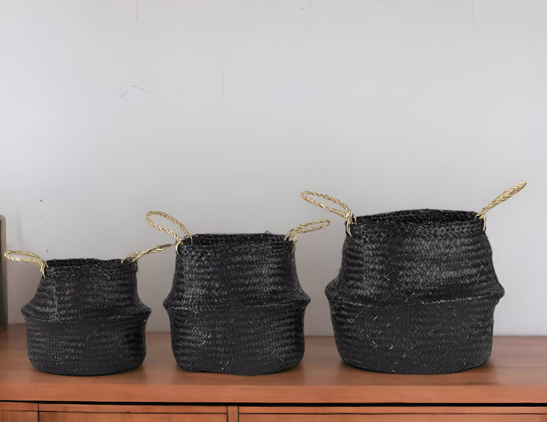 Set Of Three 10" Black Wicker Storage Baskets