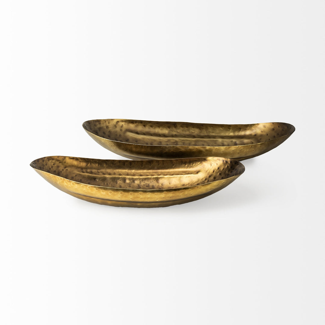 Set Of Two Gold Boat Shaped Hammered Bowls