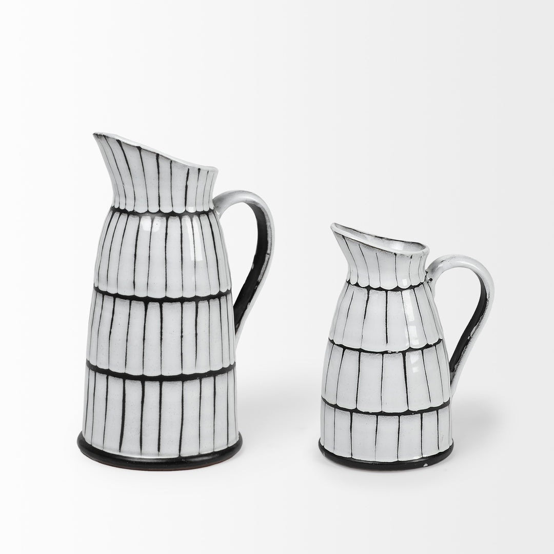 10" White And Black Artisan Glaze Ceramic Pitcher