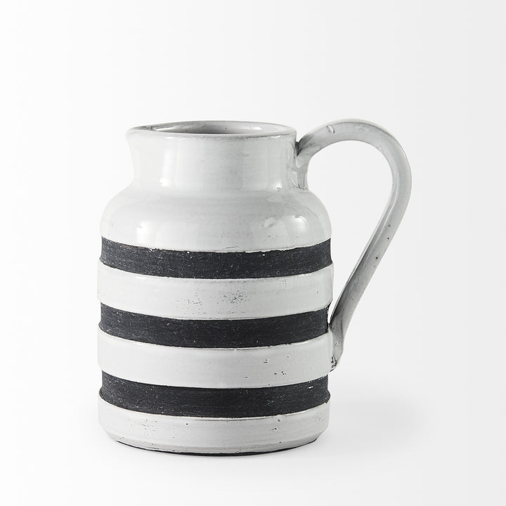 7" Rustic White And Blue Stripe Ceramic Jug