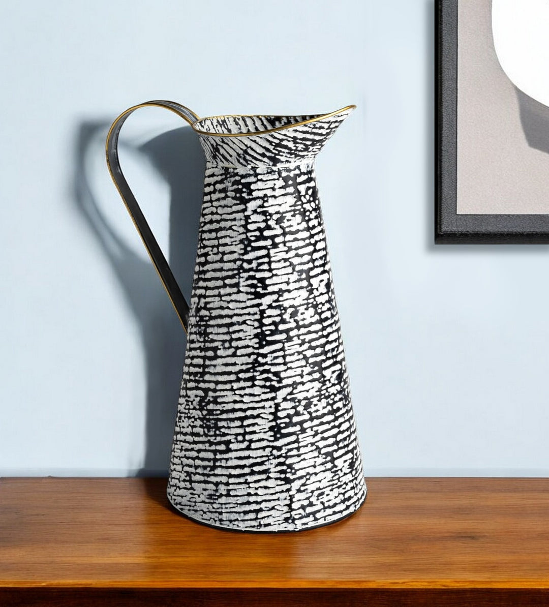 14" Black and White Metal Abstract Cylinder Jug Vase