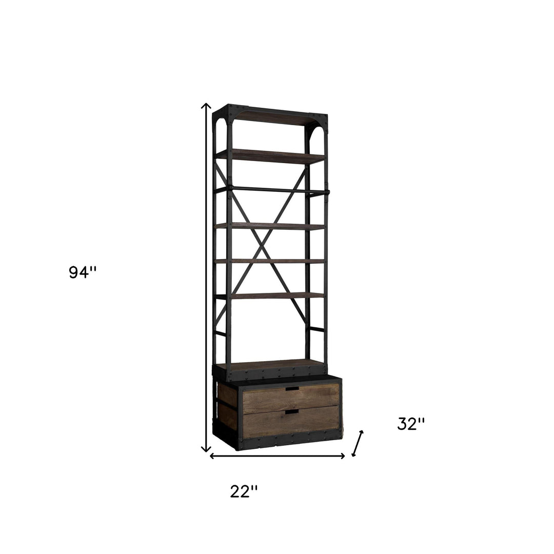 94" Black Distressed Iron and Solid Wood Five Tier Bookcase with Two Drawers