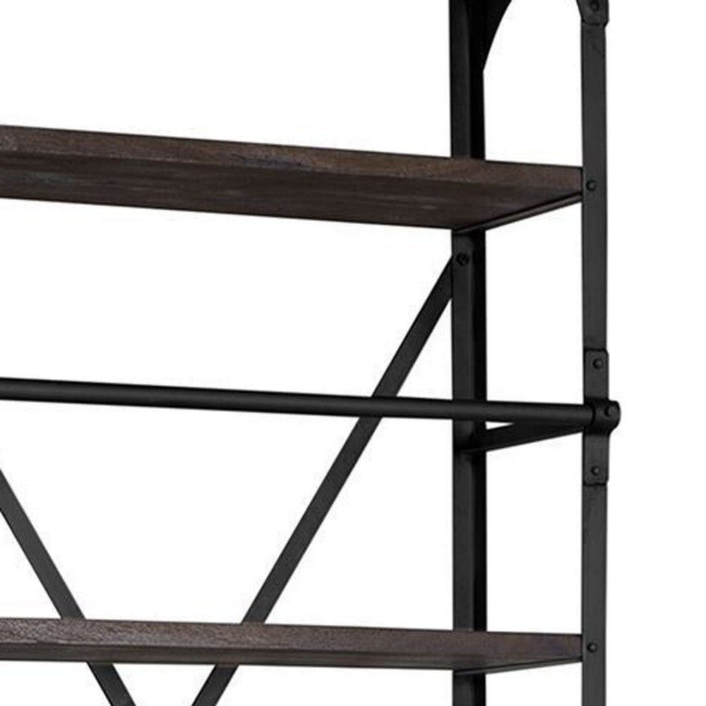 94" Black Distressed Iron and Solid Wood Five Tier Bookcase with Two Drawers