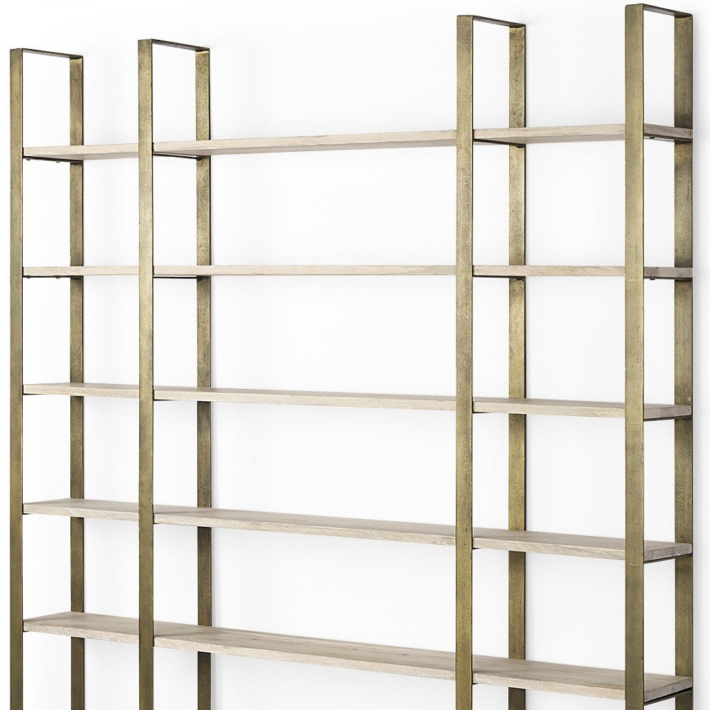 90" Gold and Natural Distressed Iron and Solid Wood Six Tier Bookcase