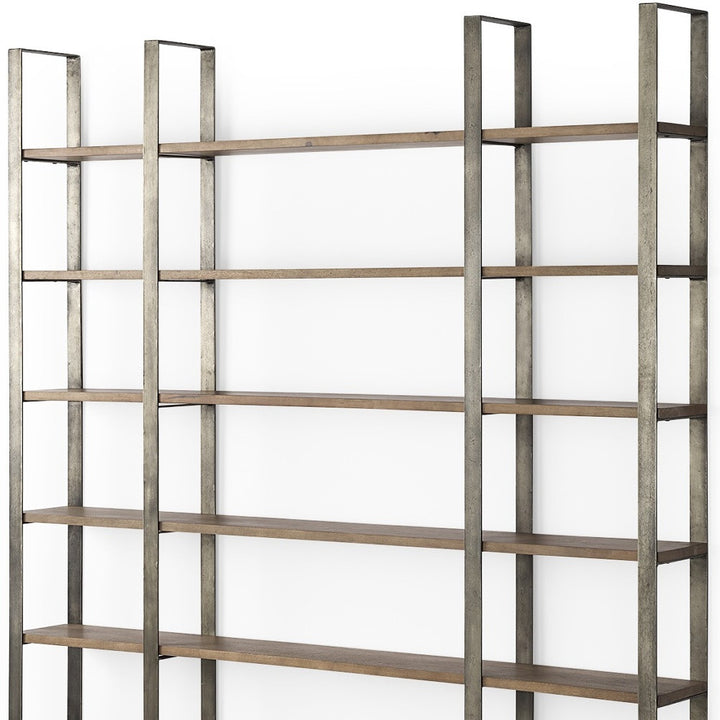 90" Brown Distressed Metal and Solid Wood Six Tier Bookcase