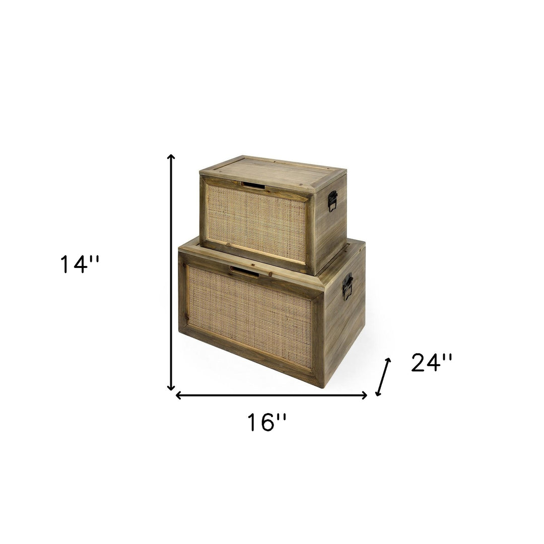 Set Of Two Brown and Natural Wood And Cane Storage Boxes