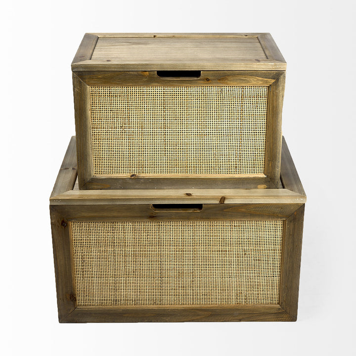 Set Of Two Brown and Natural Wood And Cane Storage Boxes