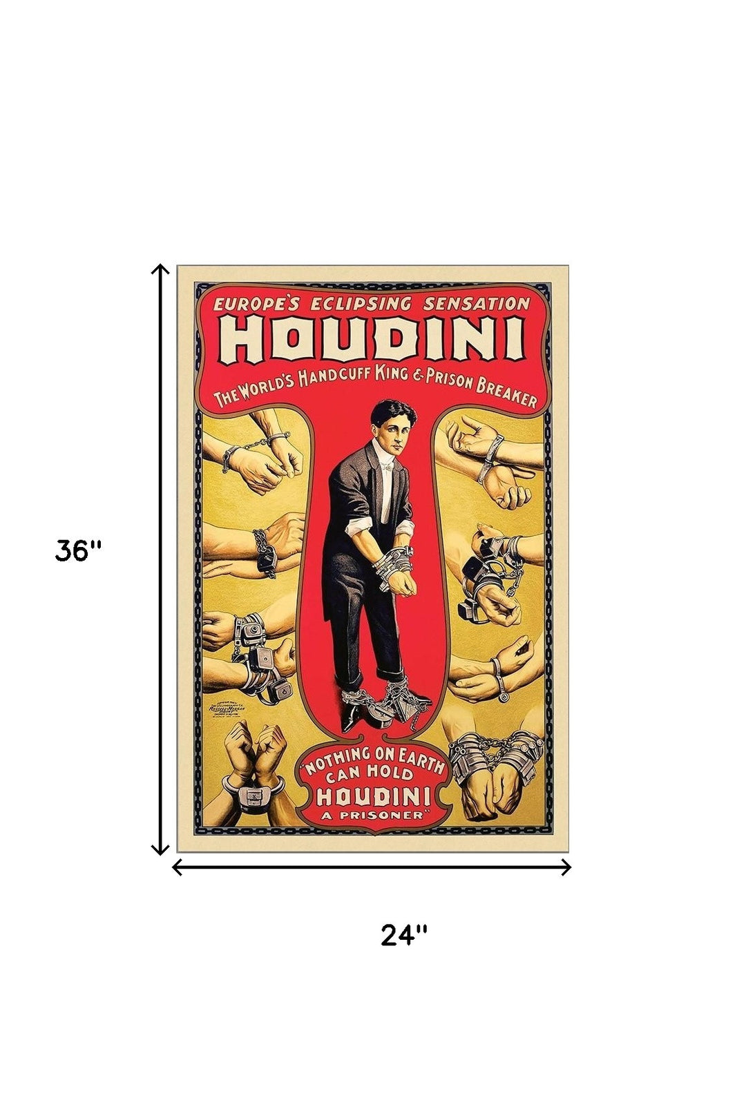 24" X 36" Houdini Handcuff King Vintage Magic Poster Wall Art