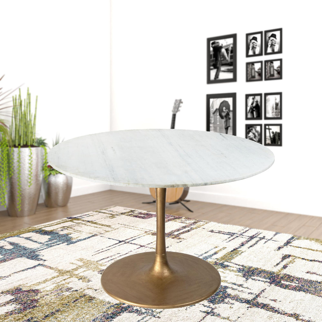 47" White And Gold Rounded Steel Pedestal Base Dining Table