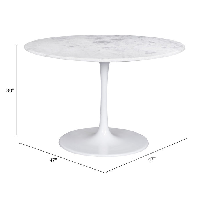 47" White Rounded Marble And Steel Pedestal Base Dining Table