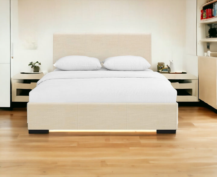 White Solid and Manufactured Wood Queen Upholstered Faux Leather Bed Frame