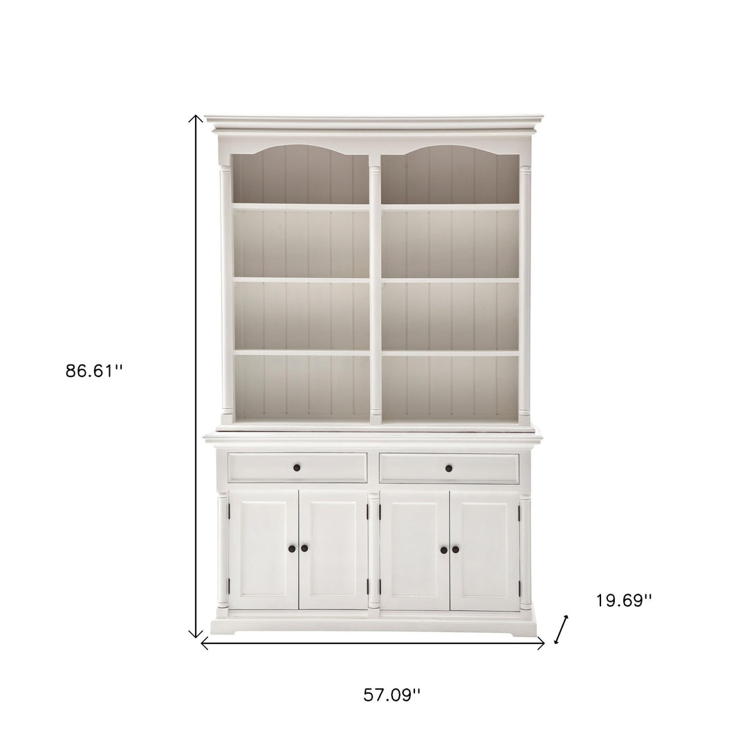 87" White Wood Sideboard with Hutch and Two Drawers