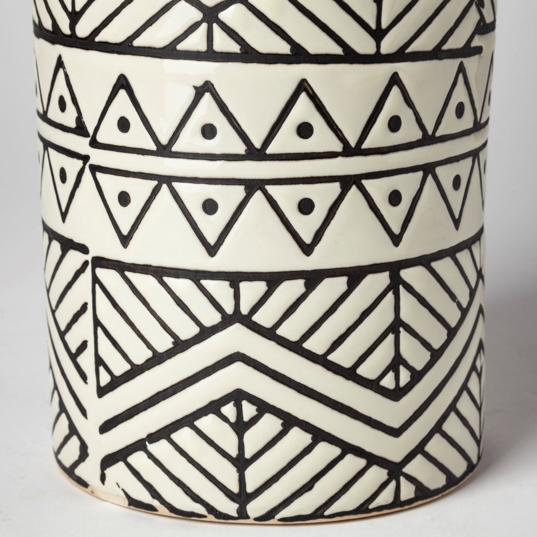 17" Cream and Charcoal Geometric Cylinder Ceramic Vase