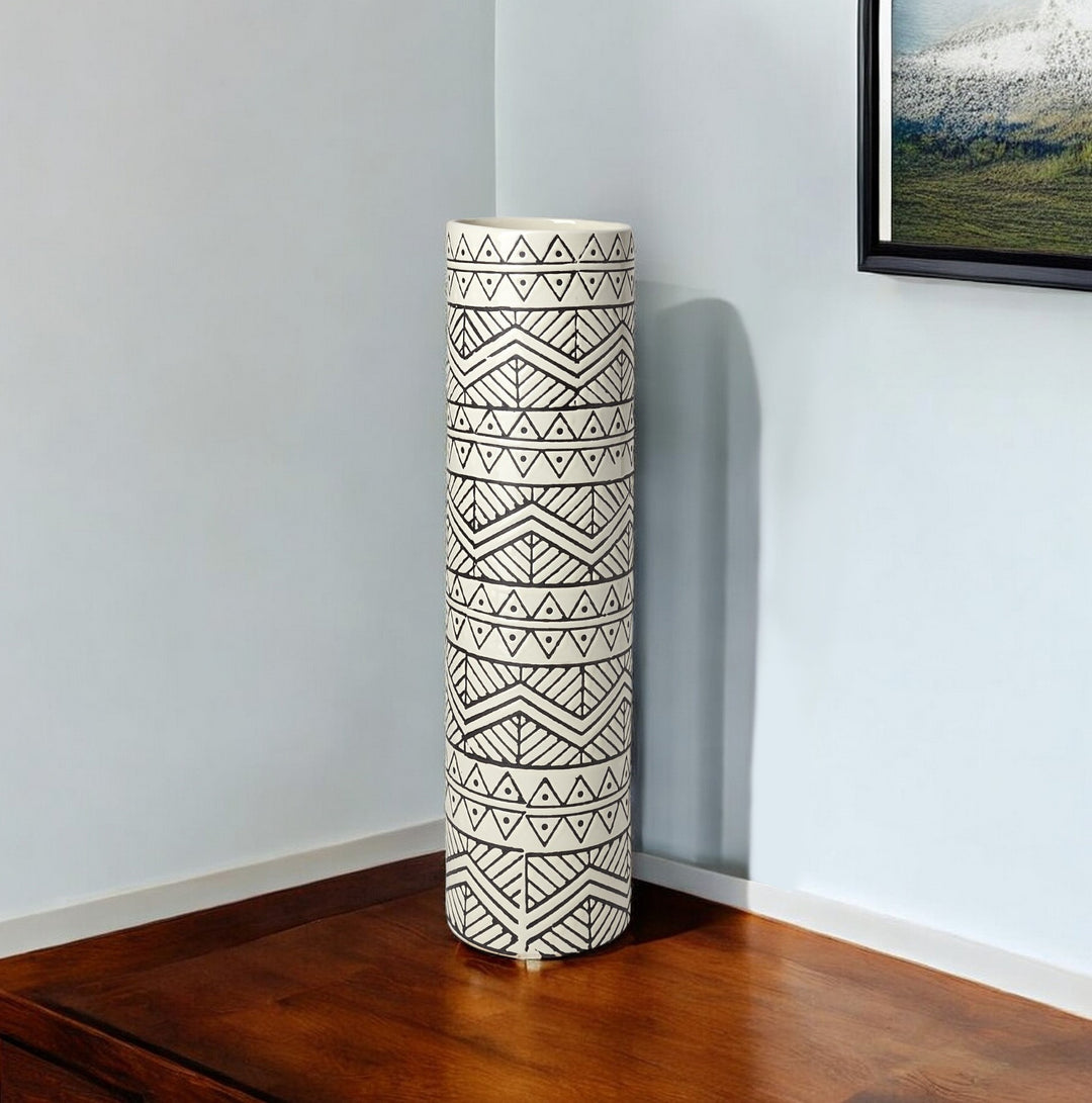 17" Cream and Charcoal Geometric Cylinder Ceramic Vase