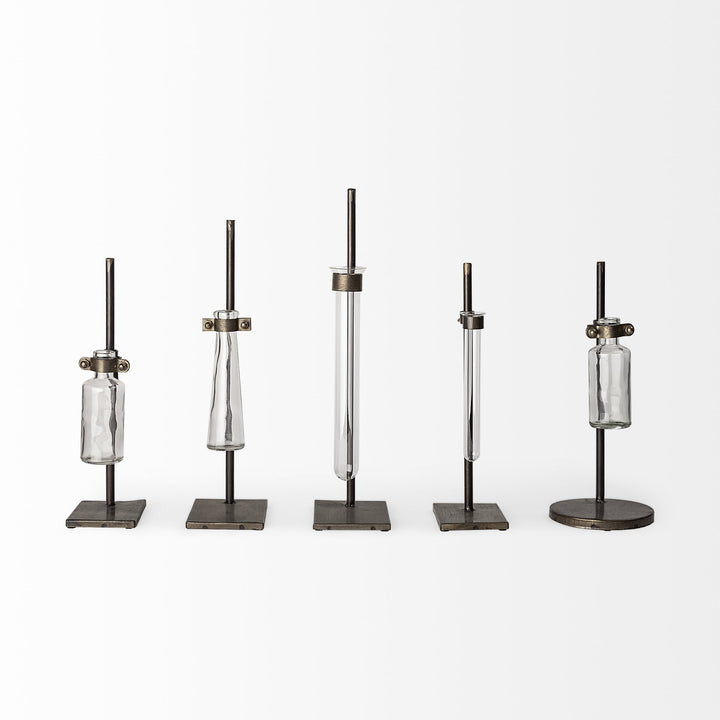 Set of Five Test Tube Vases with Metal Bases