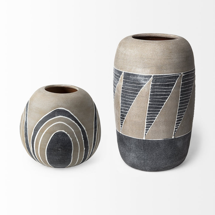 Brown Gray and White Arches Round Ceramic Vase