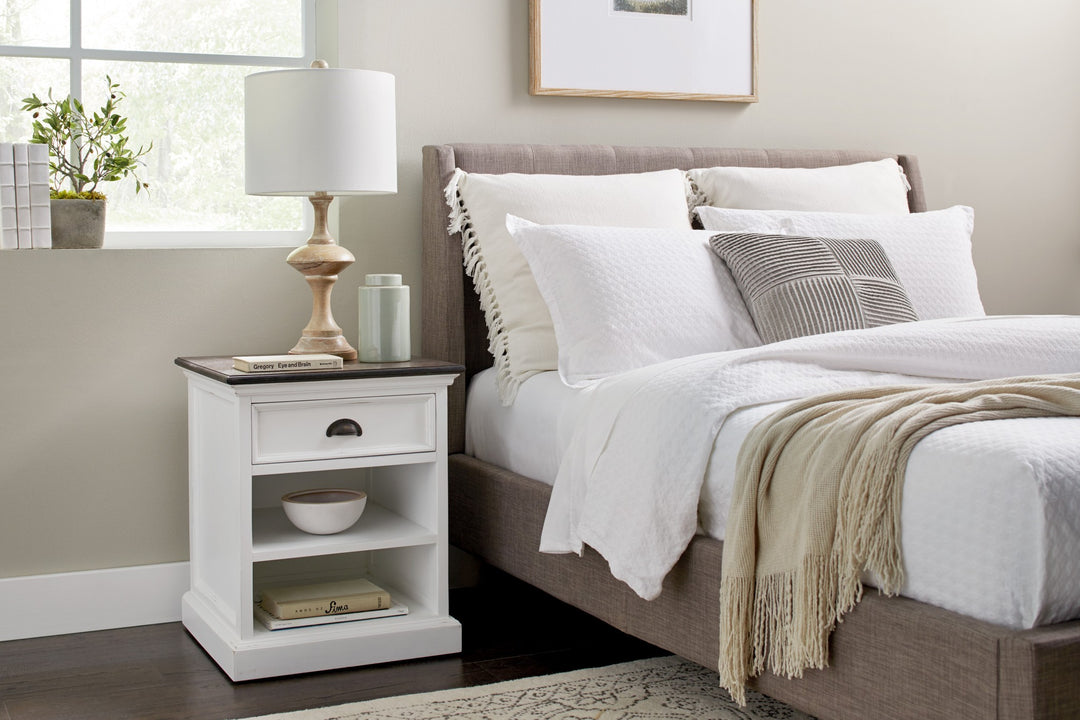 Distressed White and Deep Brown Nightstand With Shelves