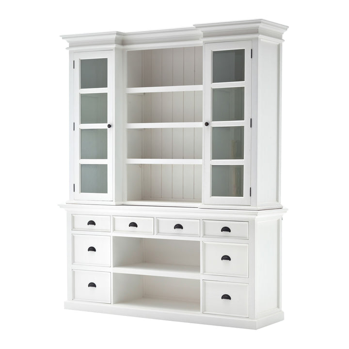 87" White Wood Bookcase with Glass Doors Drawers and Baskets