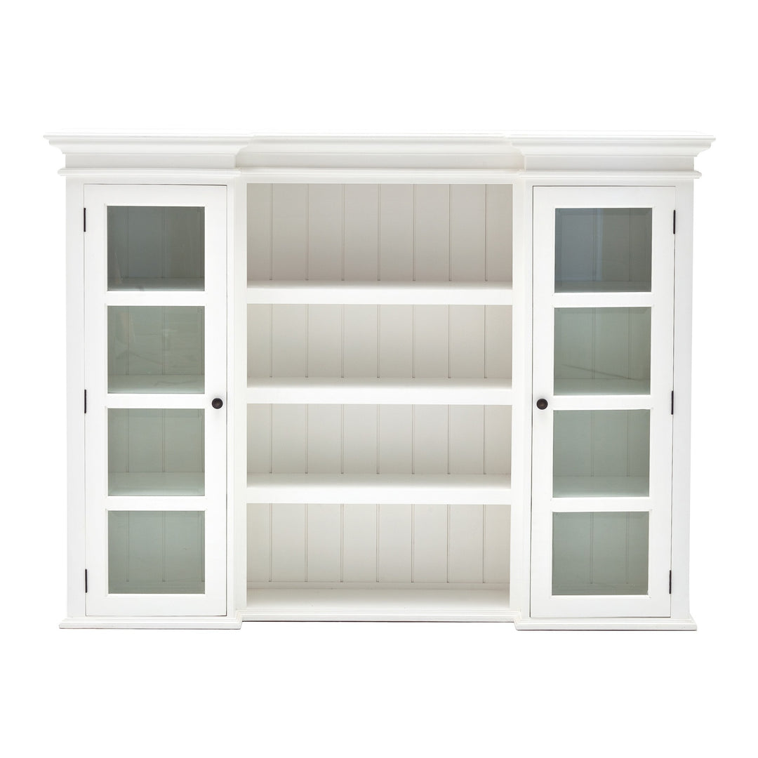 87" White Wood Bookcase with Glass Doors Drawers and Baskets