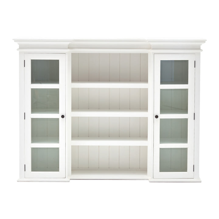 87" White Wood Bookcase with Glass Doors Drawers and Baskets