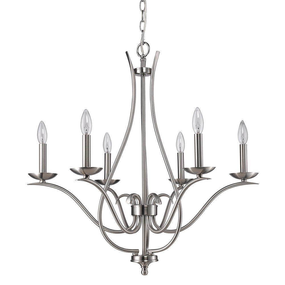 Nickel Candle Style Six Light Metal Dimmable Chandelier