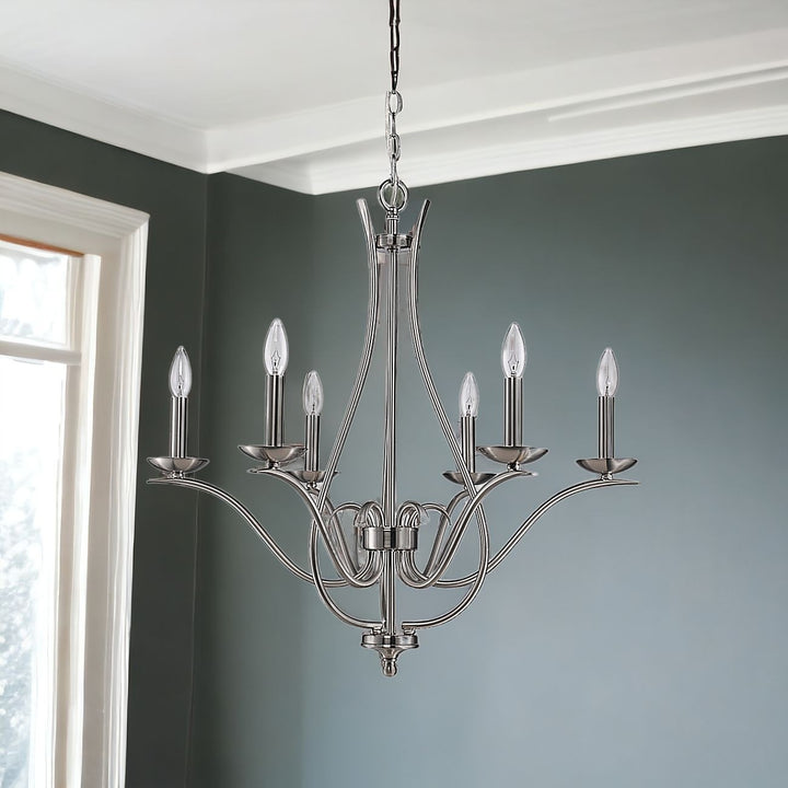 Nickel Candle Style Six Light Metal Dimmable Chandelier