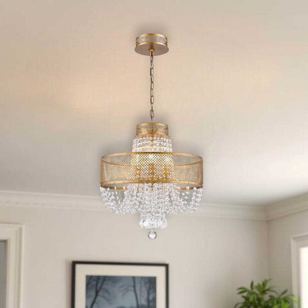 Gold Four Light Metal and Crystals Dimmable Chandelier With Shades