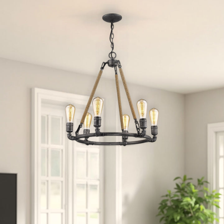 Brown and Black Candle Style Six Light Metal Dimmable Chandelier