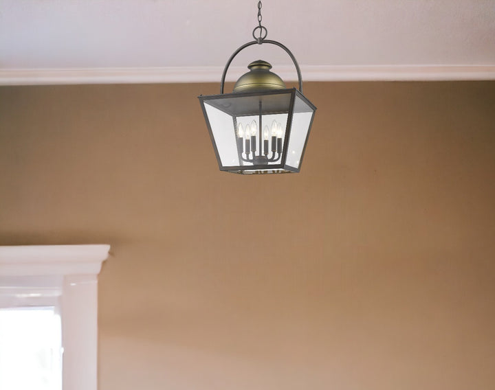 Savannah 6-Light Oil-Rubbed Bronze Foyer Pendant With Raw Brass Accents And Clear Glass Panes