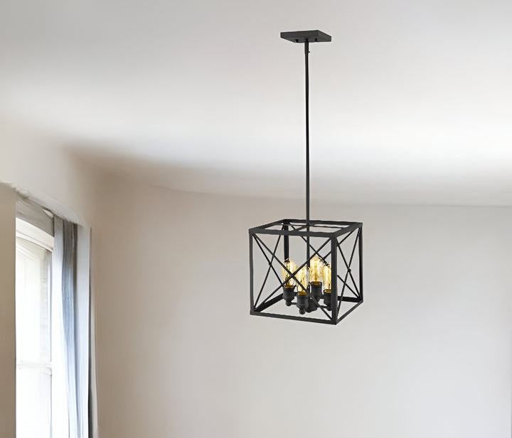 Brooklyn 4-Light Matte Black Pendant With Metal Framework Shade