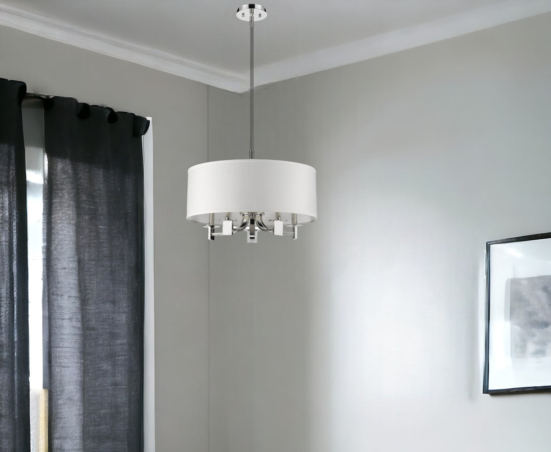 Andrea 5-Light Polished Nickel Drum Pendant With Ivory Hardback Shade