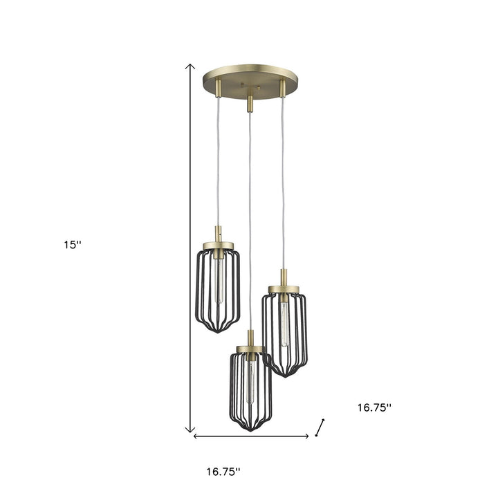 Gold Caged Three Light Metal Dimmable Chandelier With Black Shades