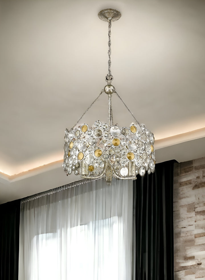 Silver Three Light Metal and Crystals Dimmable Chandelier With Silver Shades