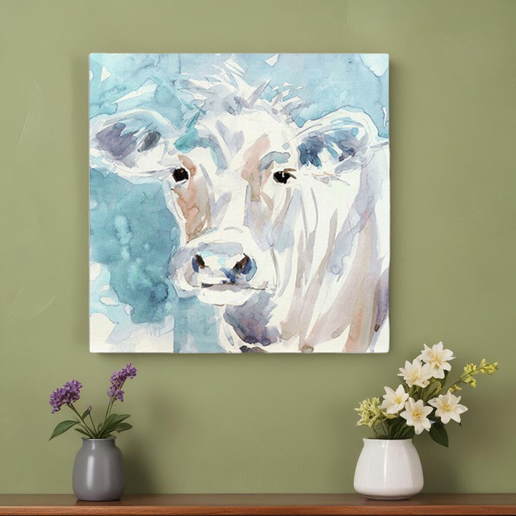 20" x 20" Blue Pastel Watercolor Cow Unframed Canvas Wall Art