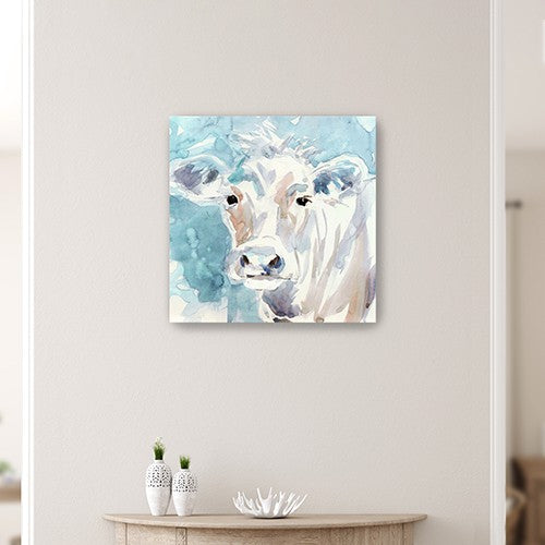 20" x 20" Blue Pastel Watercolor Cow Unframed Canvas Wall Art