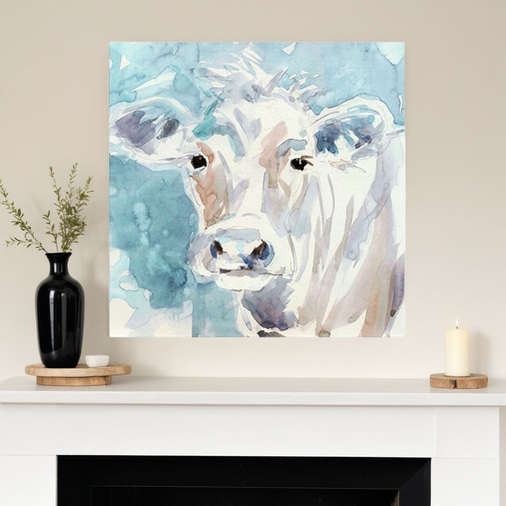 20" x 20" Blue Pastel Watercolor Cow Unframed Canvas Wall Art