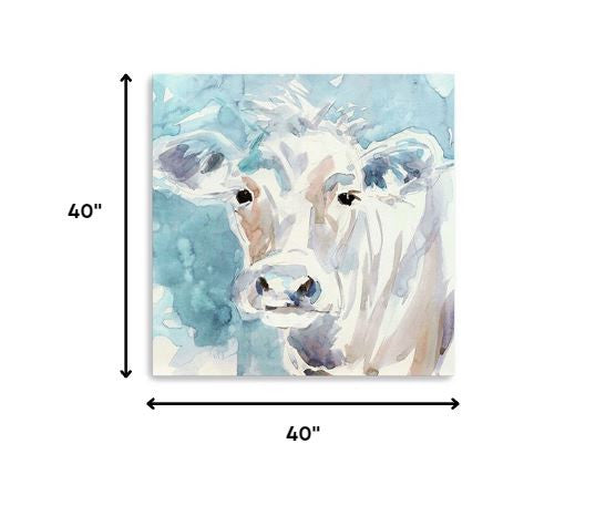 20" x 20" Blue Pastel Watercolor Cow Unframed Canvas Wall Art