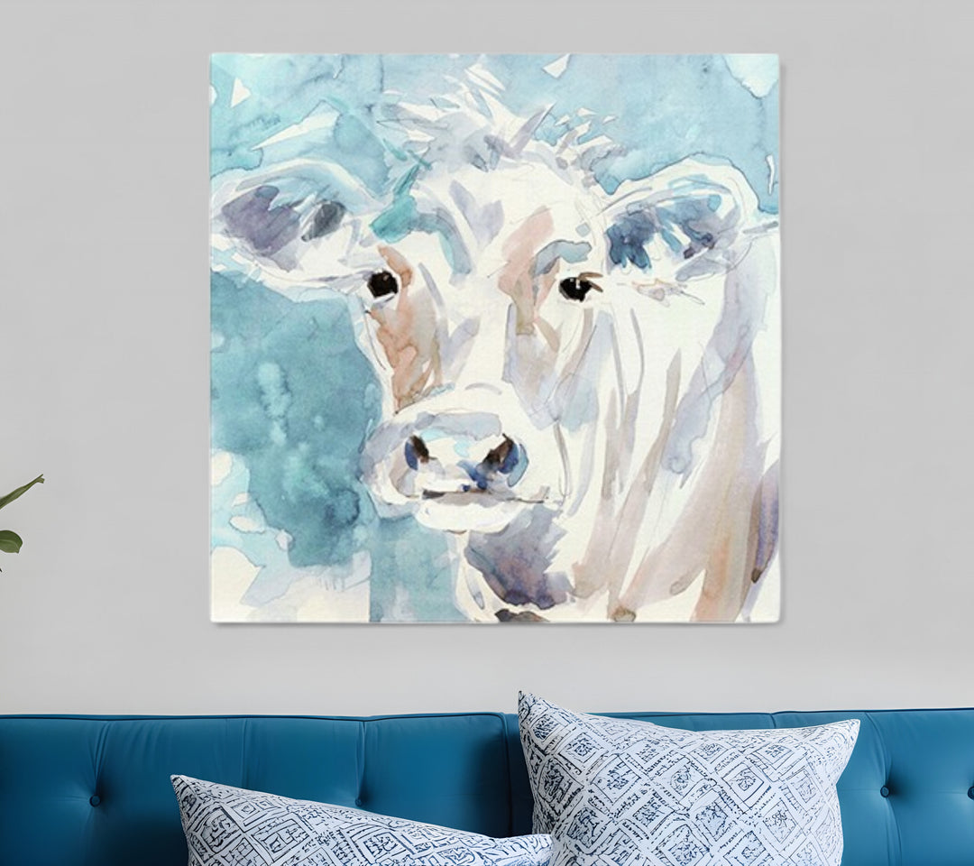 20" x 20" Blue Pastel Watercolor Cow Unframed Canvas Wall Art