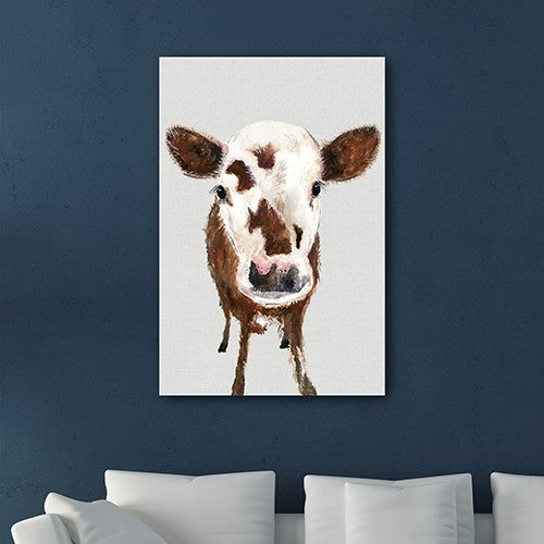 24" x 16" Brown and White Baby Cow Face Canvas Wall Art